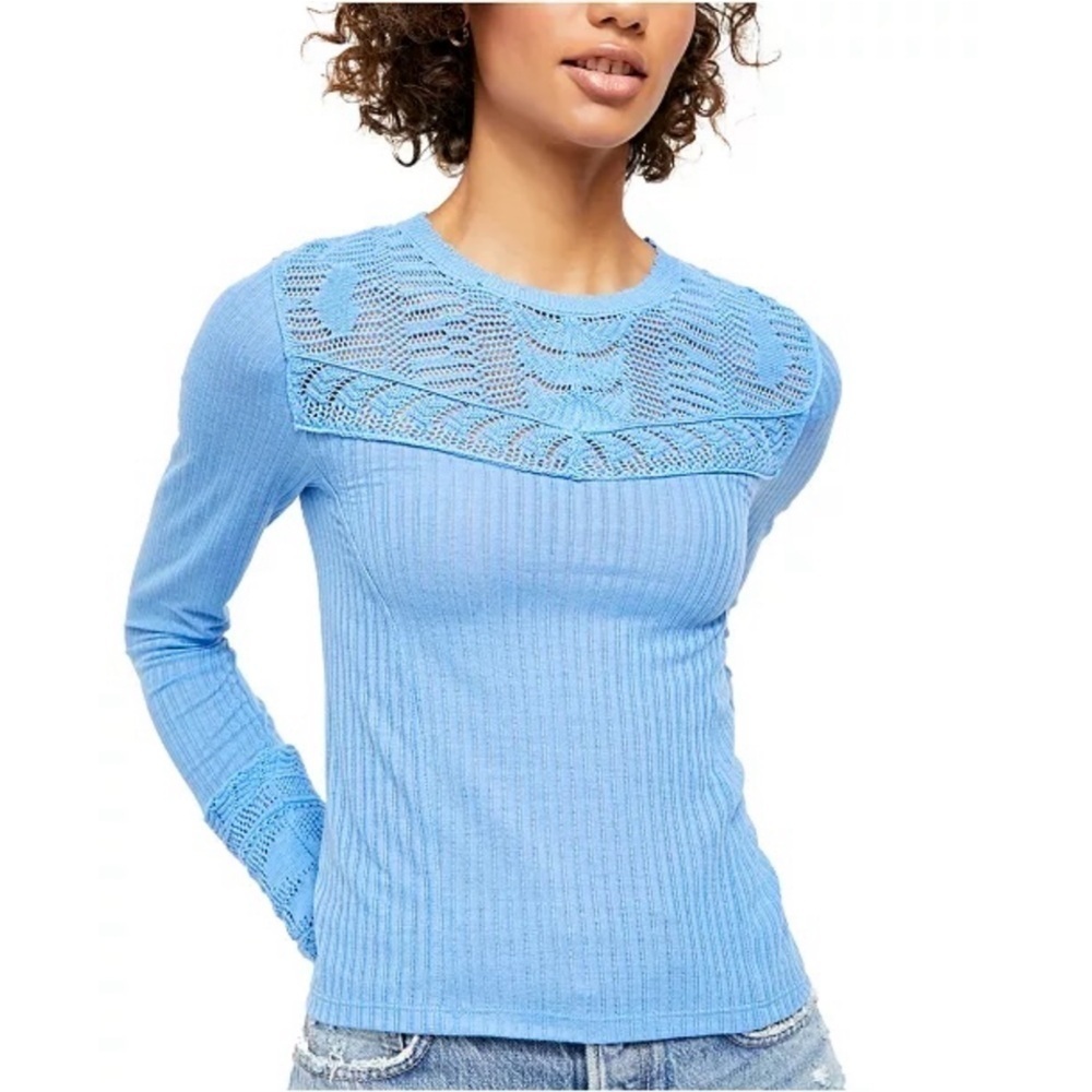 Free People | Colette Crochet Ribbed long Sleeve Blue Size XS